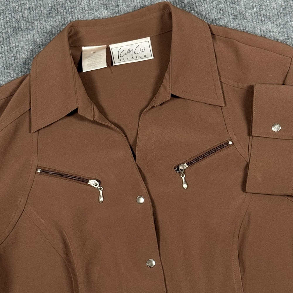 Cathy‎ Che Stretch Shirt Womens Size 10 Brown 3/4 Sleeve Button Up Fitted Top